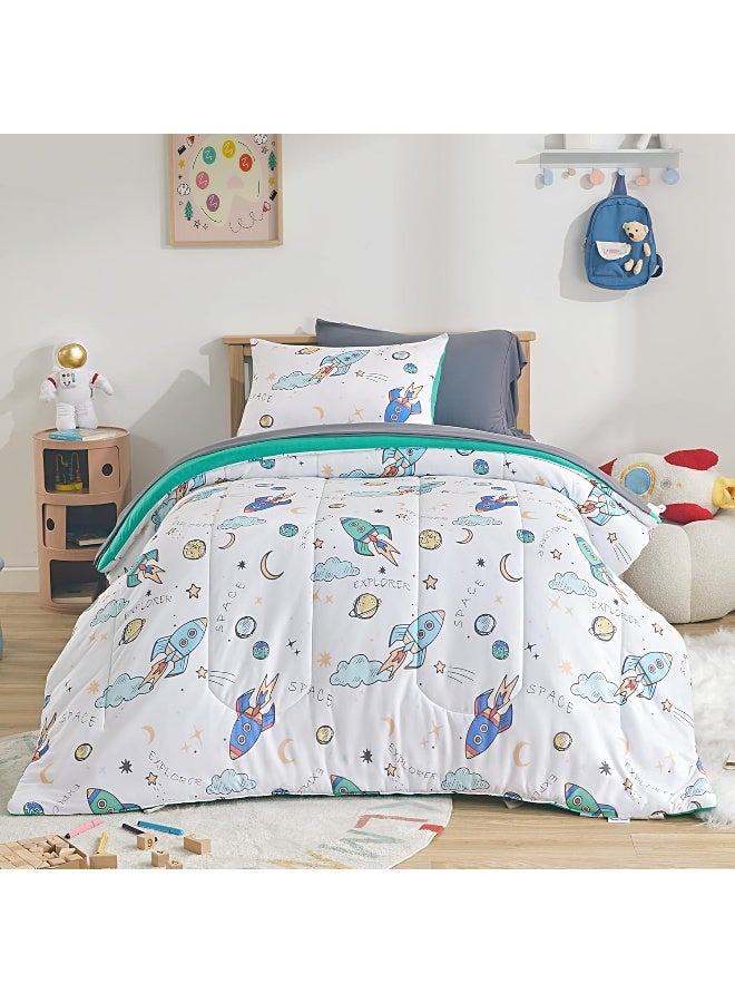 SLEEP ZONE Kids Comforter Set Twin Size, Jersey Knit 5 Pieces Bedding, Super Soft and Breathable Comforter with Sheets, Pillowcases (Multi Rocket) - Image 1